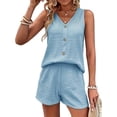 thumbnail image 3 of Women'S Summer Sleeveless Button Linen Vest Shorts Set Casual Matching Outfits Light Blue M, 3 of 7