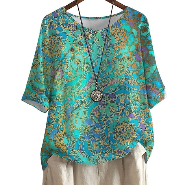 CHOK T-shirt Grande Taille pour Femmes Imprimé Lys Rose Col Rond Manches Courtes Décontracté Blouse Ample