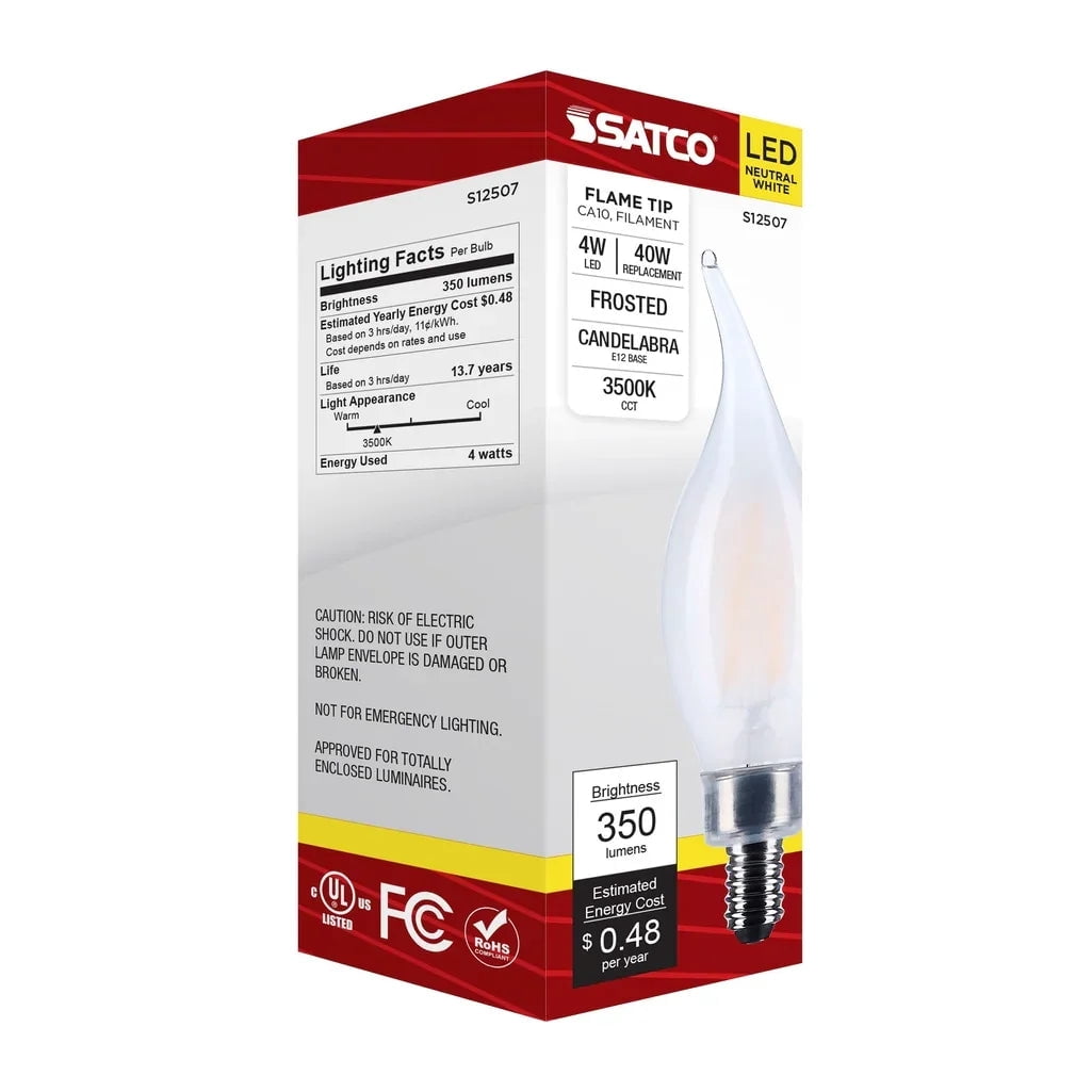 SATCO S12507 CA10 LED Flame Light Bulbs 4W 120V Frosted Glass 3500K 350 Lumen E12 Candelabra Base Dimmable Wet Location (6 Pack)