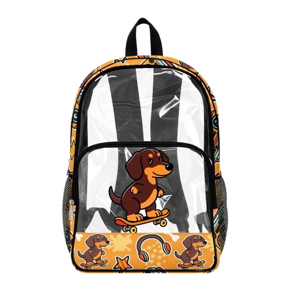 Xoenoiee Dachshund Skateboard Print Clear Backpack for Kids Girls Large Capacity Casual Daypack with Adjustable Padded Strap Heavy Duty Rucksack Transparent Bookbag Back to School Gifts for Teens