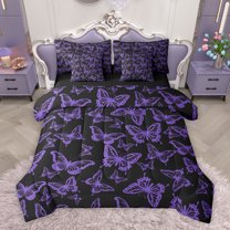 Homewish Cute Dreamy Butterfly Bedding Comforter Set 7 Pieces for Girl, Kawaii Animal Moth Full Bedding Set, Purple Cartoon Theme Reversible Fitted Sheet Flat Sheet, Ultra Soft Bedroom Decor