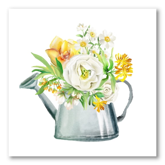Designart ' Marigolds Roses and Peonies In Garden Watering Can ' Farmhouse Canvas Wall Art Print