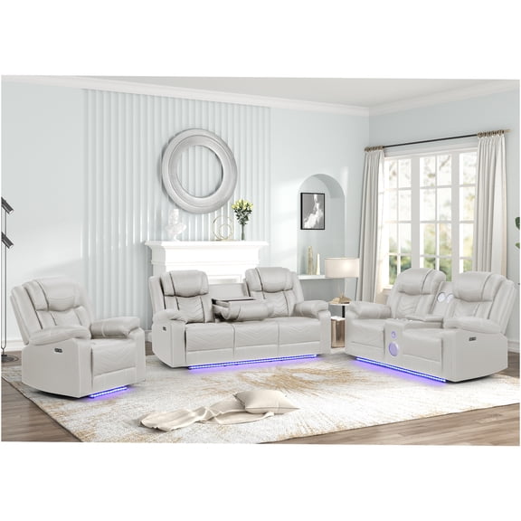 JERFIT Modern 3-Piece Power Recliner Set with Bluetooth Speakers, LED Lights, USB Charging, Cup Holders and Storage in Beige Faux Leather