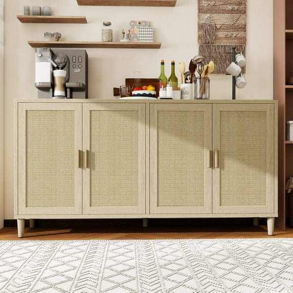 MDQMD Modern 70'' Farmhouse Rattan Sieboard with 4 Doors,Accent Cabinet with Adjustable Shelves,Natural Wood Rattan Buffet Cabinet for Living Room