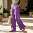 thumbnail image 2 of Palazzo Pants for Women Dqueduo Women's Casual Solid Color Pleated Elastic Waist Pocketed Linen-Look Straight Leg Pants, 8 Colors Purple S, 2 of 9