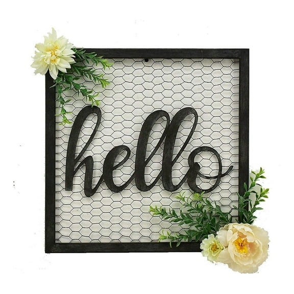 Parisloft Hello Script Metal Sign Decor Wall Art or Front Door Entryway Square Metal Wall Hanging Sign, Black
