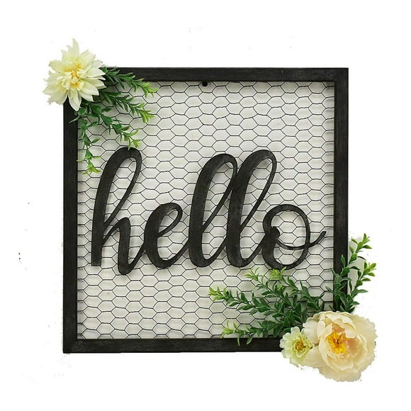 Parisloft Hello Script Metal Sign Decor Wall Art or Front Door Entryway Square Metal Wall Hanging Sign,Black