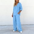 thumbnail image 6 of Bloomae Women's Loungewear Set 2 Piece Cotton Linen V Neck Long Sleeve Shirt & Wide Leg Pants with Pockets Lightweight Casual Solid Color Loose Fit Summer Outfit Light Blue XL, 6 of 7