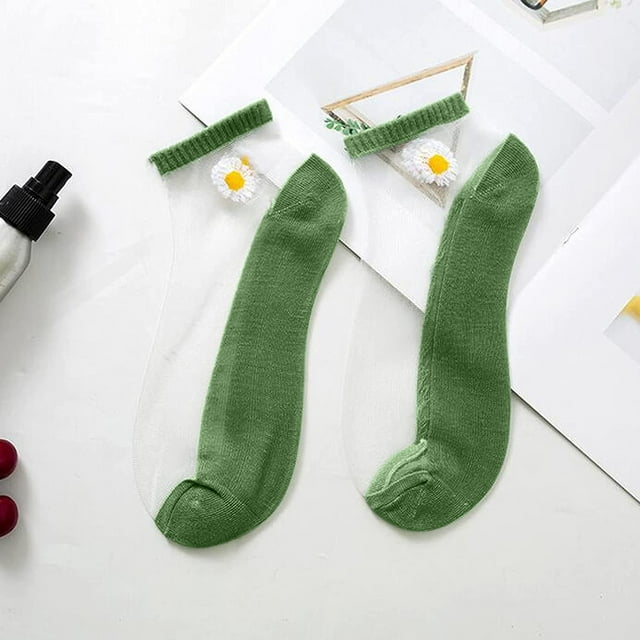Chaussettes Vertes pour Femmes, Décontractées, Mignonnes, en Maille Brodée, Respirantes, Courtes