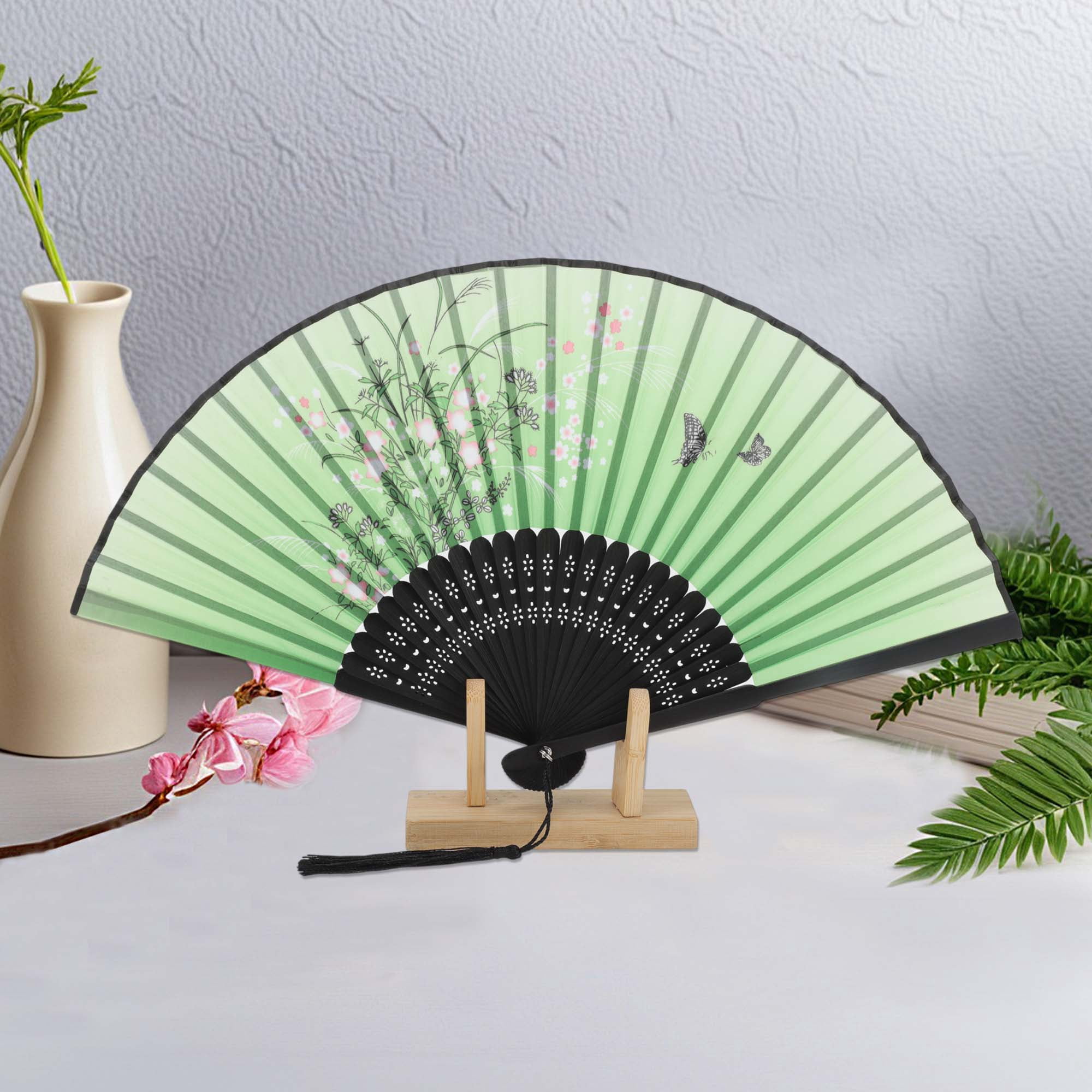 Unique Bargains Ancient Style Folding Fan 1Pc Green [Cherry Blossoms & Butterfly]