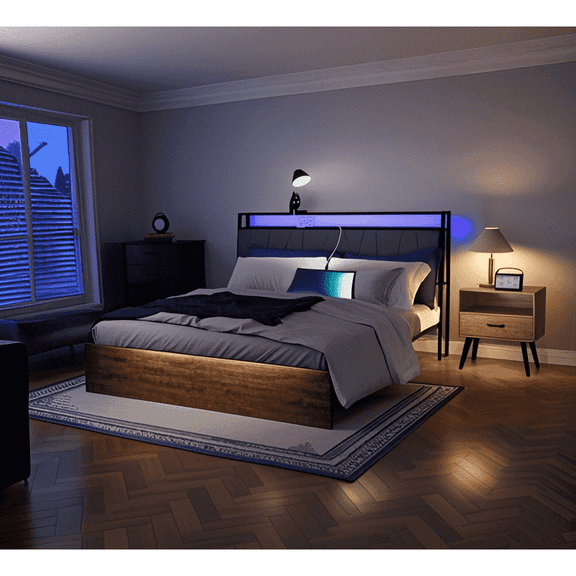 FaFaSoGoodFa Dark Brown Home Bed with Lighted Outlet, USB, Headboard, 2 Storage Shelve