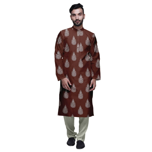 Atasi Ensemble Kurta Traditionnelle en Satin Imprimé Col Mandarin pour Hommes