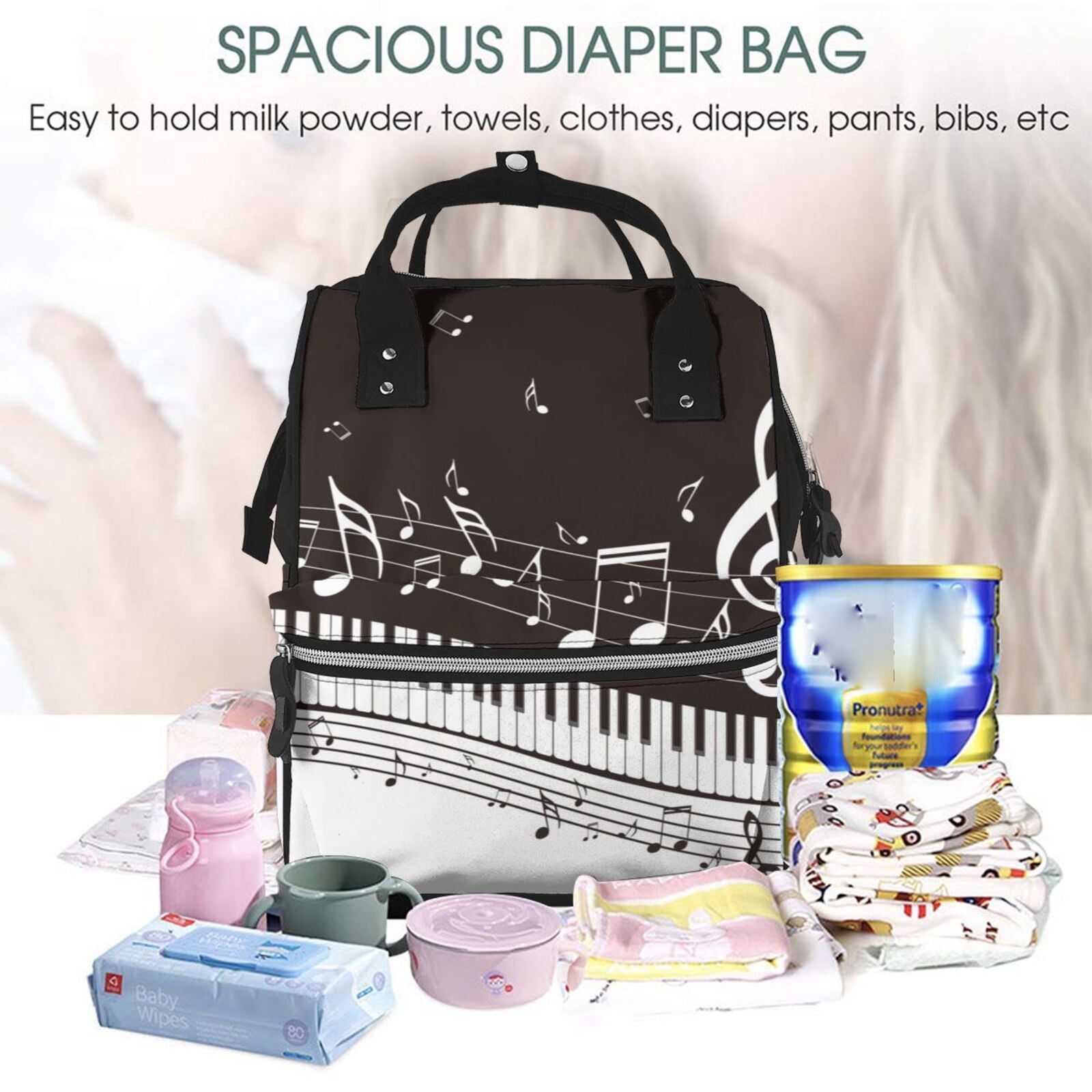 Ratiio Piano Keys With Musical Notes Mummy Backpack - Waterproof Twill Canvas, Large Capacity Diaper Bag with Multiple Pockets and Adjustable Straps