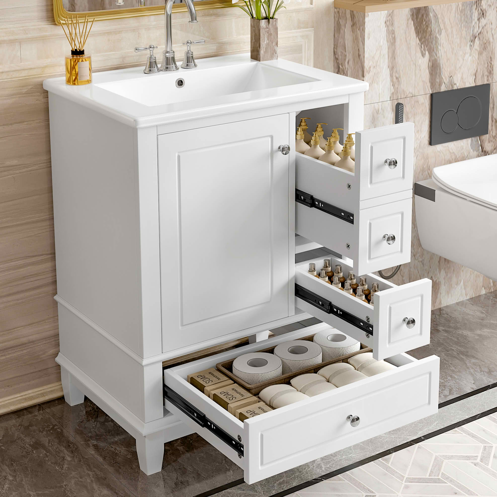 MAYEERTY 24" Bathroom Vanity with Sink Drawers, Freestanding Cabinet Ceramic Top Storage Shelves MDF Solid Wood Base, Modern Small Bathrooms, White