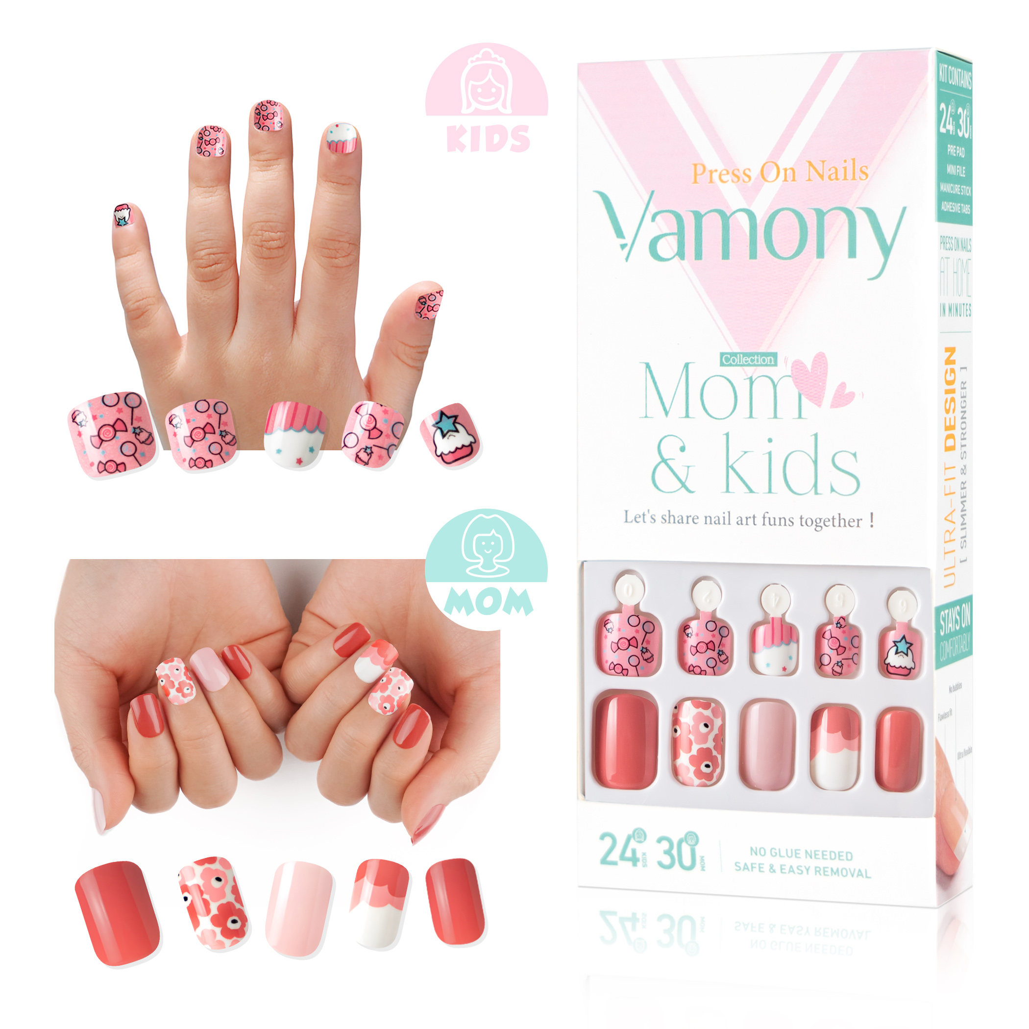 Press On Nails for Kids and Mom Vamony 54 Pcs Short Square Fake Nails