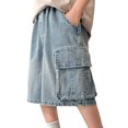thumbnail image 4 of Cowsor Teen Boys Baggy Denim Shorts Wide Leg Knee Length Cargo Jeans Pockets Hip Hop Skateboard Y2k Jorts Summer Shorts for Kids, 4 of 7