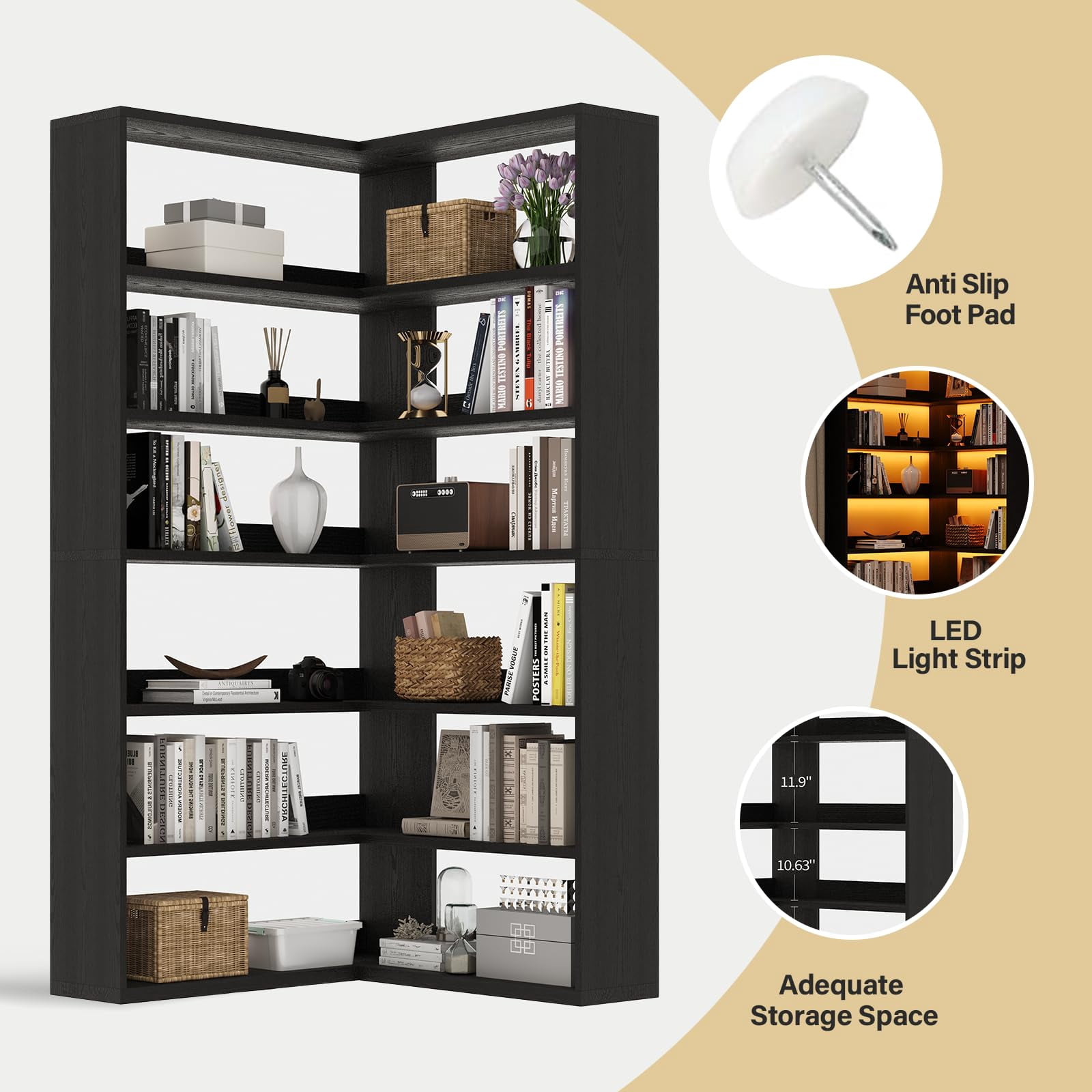 DreamCurship 71” Tall Corner Bookshelf, 6 Tier L-Shaped Large Display Bookcase with LED Light, Industrial Corner Etagere Bookcase Storage Display Rack for Living Room Home Office, Rustic Brown, Black