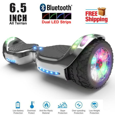 Hoverboard All-Terrain LED Flash Wide All Terrian Wheel with Bluetooth Speaker Dual LED Light Self Balancing Wheel Electric Scooter Chrome (Best All Terrain Hoverboard)