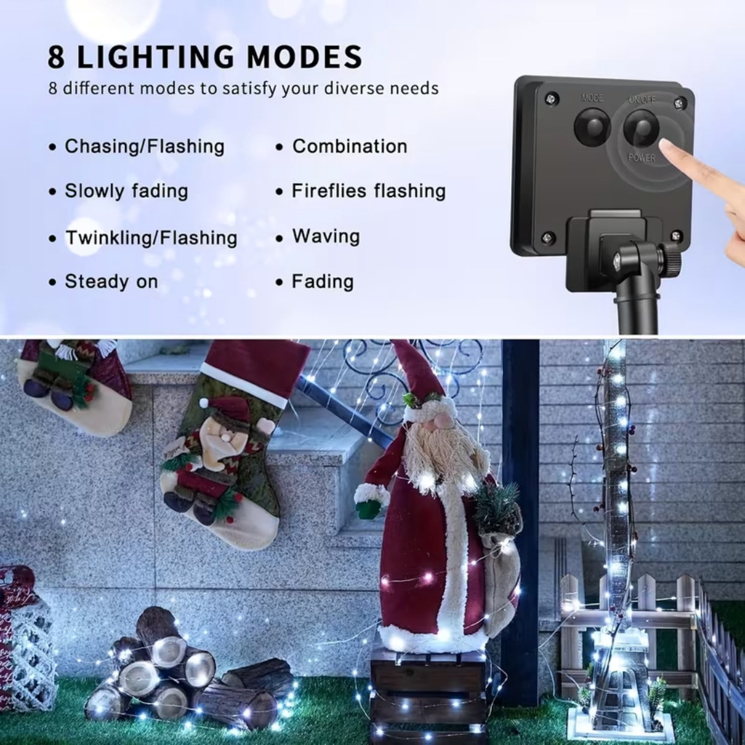 Astoutdoor 8-Piece White Solar Fairy Light String Set, 330 LED Outdoor Solar Christmas Lights with 8 Modes, 9.84 in