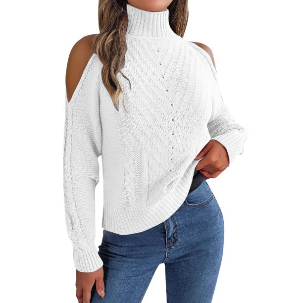 Gibobby Suéter de Punto, Suéter corto de manga larga con cuello redondo para mujer, cuello alto, suéter de punto acanalado(Blanco,G)