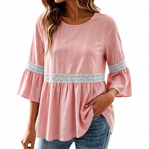 Lenpel 3/4 Length Sleeve Womens Tops Cotton Linen Crew Neck Fashion Peplum Blouses Casual Loose Eyelet Lace Patchwork Shirts Fall Clothes