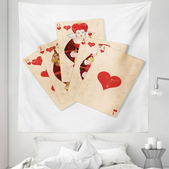 Cartoon Tapestry, Crown Gambler Queen Hearts Royal Flush Face Magic Theme, Fabric Wall Hanging Decor for Bedroom Living Room Dorm, 5 Sizes, Brown Red and Ecru, by Ambesonne