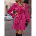 thumbnail image 2 of Robe à Manches Longues Col en V Profond Couleur Unie Falbala Robe pour Femmes pour Fête Loisirs Bureau École Rose Rouge m, 2 of 8