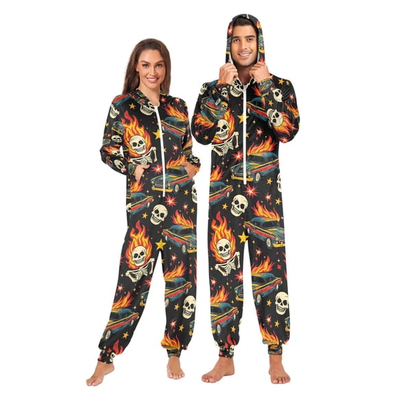 Adult Christmas Onesie Racing Car Skull Fire Adult Zipper One-Piece Pajamas Unisex Pajamas with Pockets