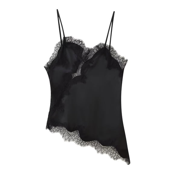 Women's Lace Detail Asymmetric Hem Silky Strappy Top, Elegant Camisole for Evening, Party, and Night Out,Black,M