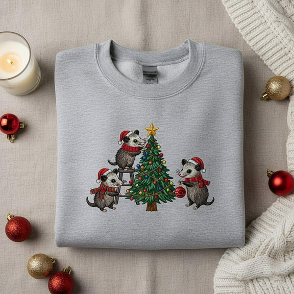 Embroidered Christmas Tree Opossum Sweatshirt, Cute Possum Decorating Crewneck, Funny Holiday Animal Hoodie Gift