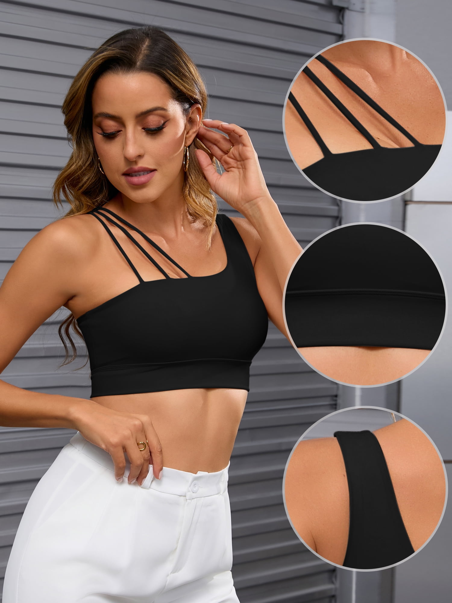 DARING DIVA Women's Three Spaghetti Thin Straps Sports Bra Fitness Tank Top Black M