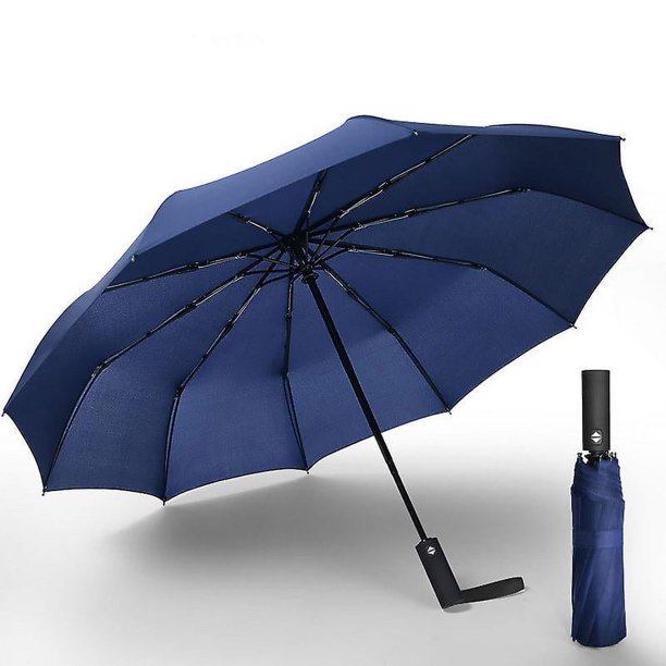 Paraguas plegable de madera de mano, resistente al viento, compacto, de viaje, con apertura y cierre automáticos, paraguas grandes contra la lluvia, color azul marino