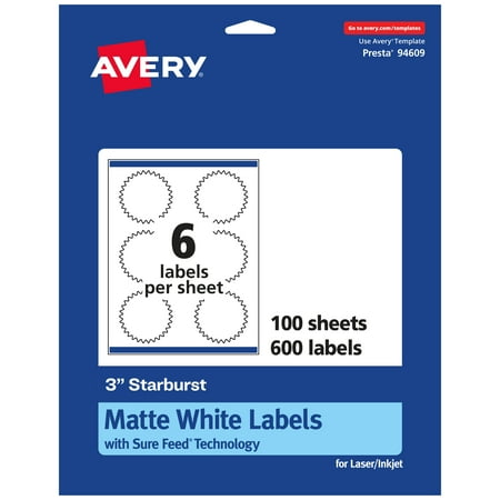UPC: 0194793060911 | Avery Matte White Starburst Labels with Sure Feed  3   600 Matte White Printable Labels