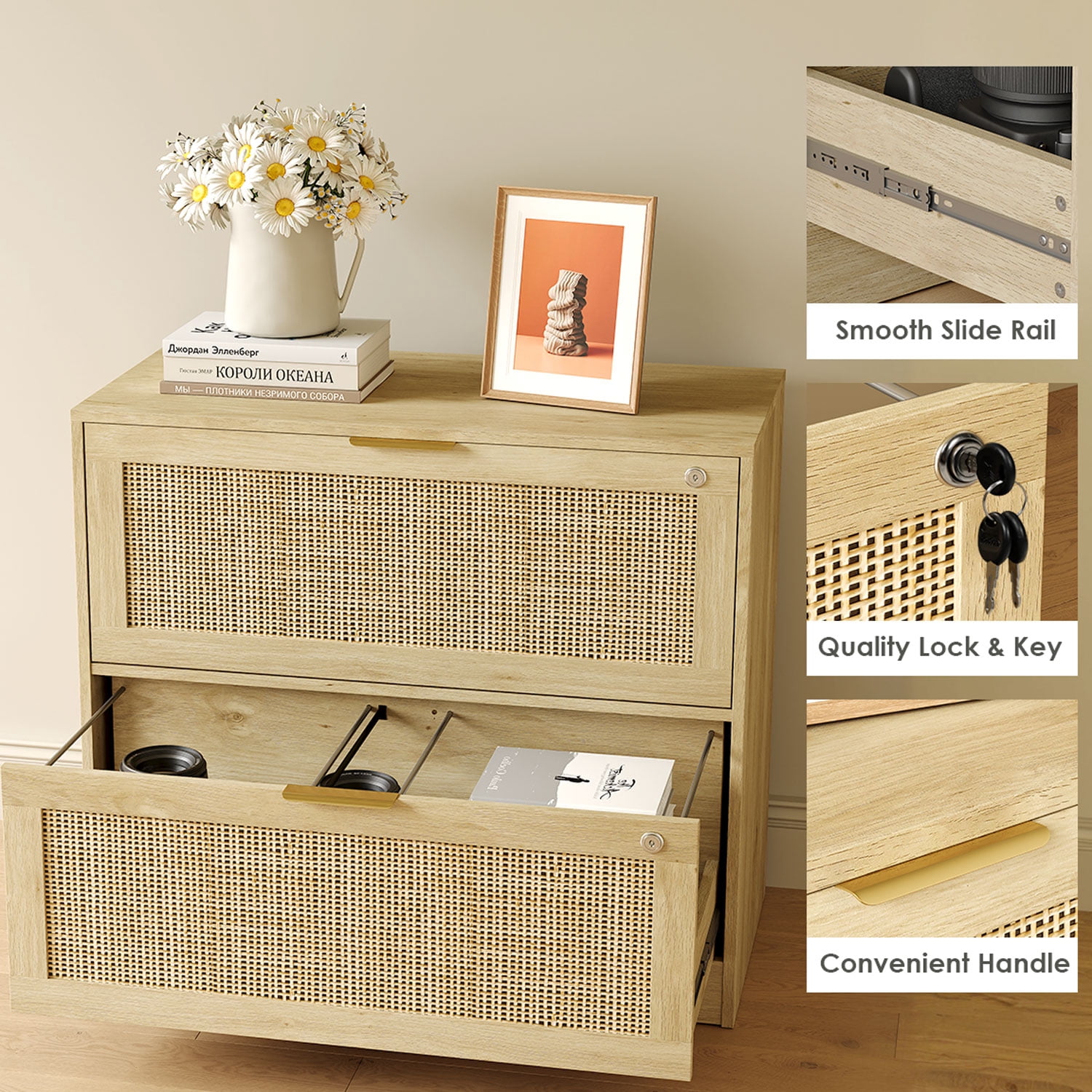 Coewske 2-Drawer File Cabinet Lateral Filing Cabinet Printer Stand w/ Lock Home Office Nature