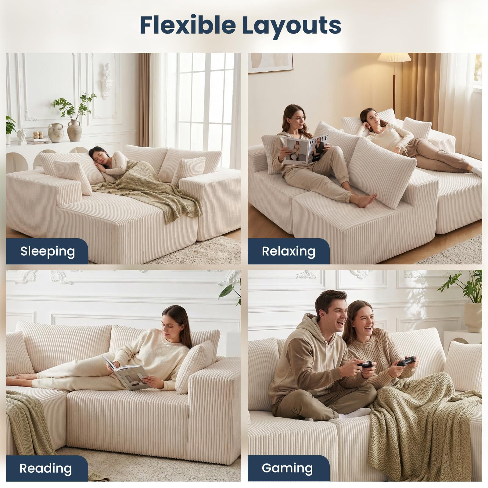 Aukfa 107" Modular Sectional Sofa, Corduroy Upholstered Deep Seat Couch with Left Chaise, Convertible Sleeper, Beige