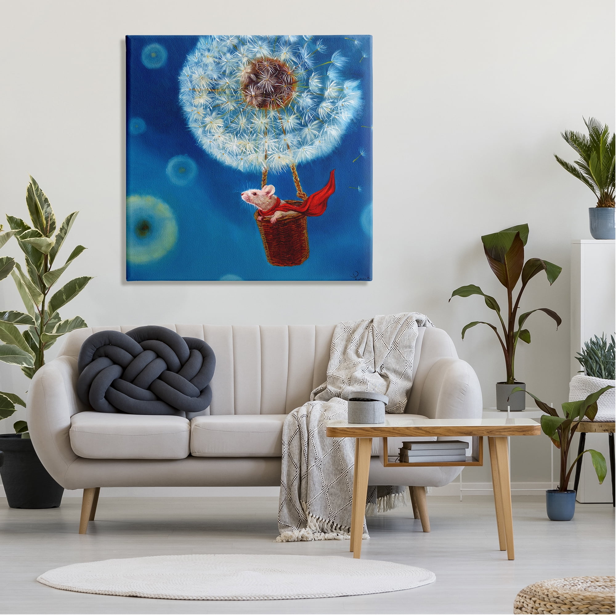 Dandelion Hot Air Balloon Sky Mouse Red Scarf Animals & Insects Painting Gallery-Wrapped Canvas Print Wall Art