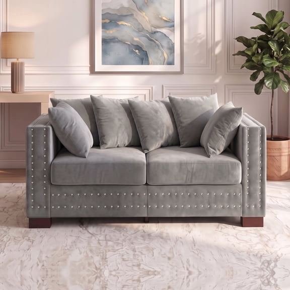 KavlSean 61" Velvet Modern Loveseat Sofa for Living Room, 2-Seater Upholstered Tufted Couch with Nailhead Arms & Pillow, Removable/Washable Cushion Cover, Cloud Couch with Seat Storage Space