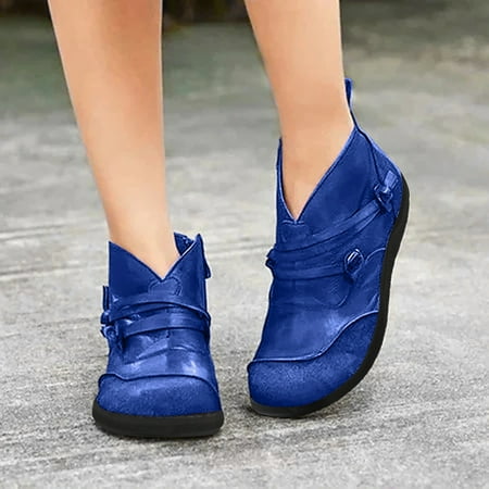 

Akiihool Work Boots for Women Womens Pointed Toe Stacked Mid Heel Classic Pointed Toe Side Zipper Booties (Blue 7)