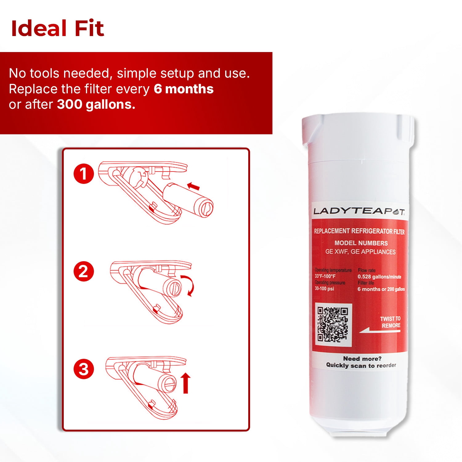 LADYTEAPOT XWF Refrigerator Water Filter, Replacement for GE® XWF, WR17X30702, NSF 42/372 Certified, Compatible with GE® GNE27, GFE26, GDE25, GSS25, PSE25 Series Refrigerators, 3 Pack (No-chip)