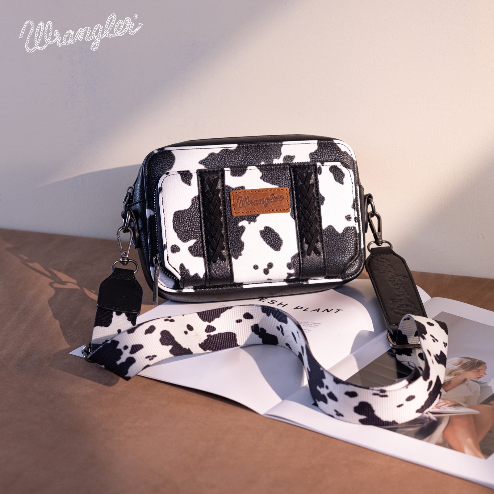 Wrangler Cow Print Crossbody Bag for Women Western Cowgirl Crossbody Purses with Guitar Strap, Black