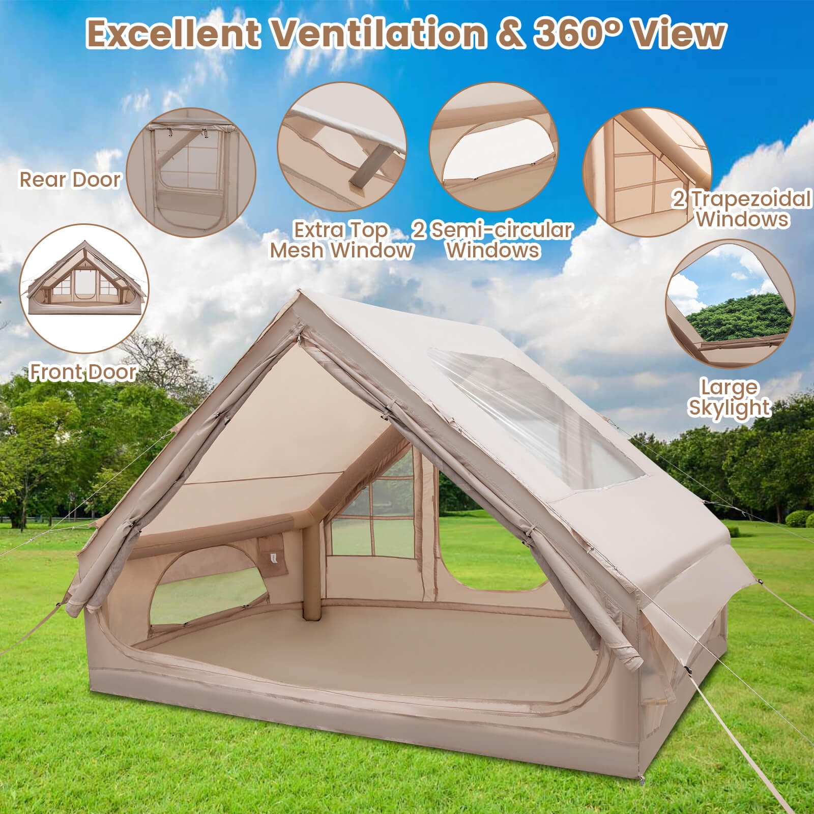 Costway Inflatable Camping Tent 4-6 People Waterproof Blow-up Air Tent with Porch, Pump