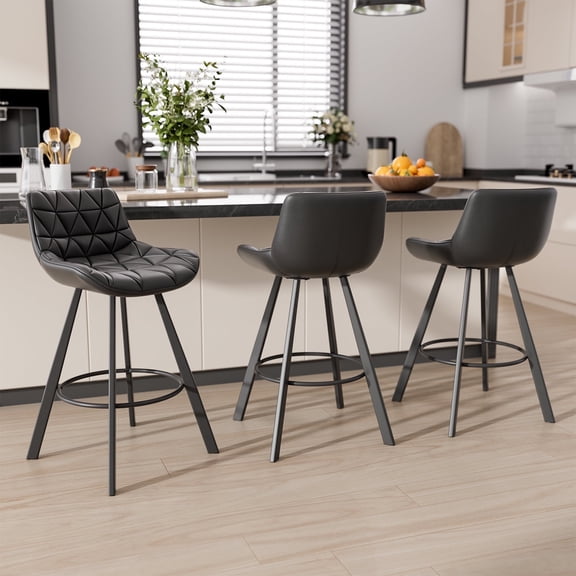 HomeZeer Bar Stools Set of 3, 26" Counter Height Bar Stools with Low Back and Footrest, PU Leather Upholstered Seat, Metal Legs Bar Chairs for Kitchen Island Dining, Black
