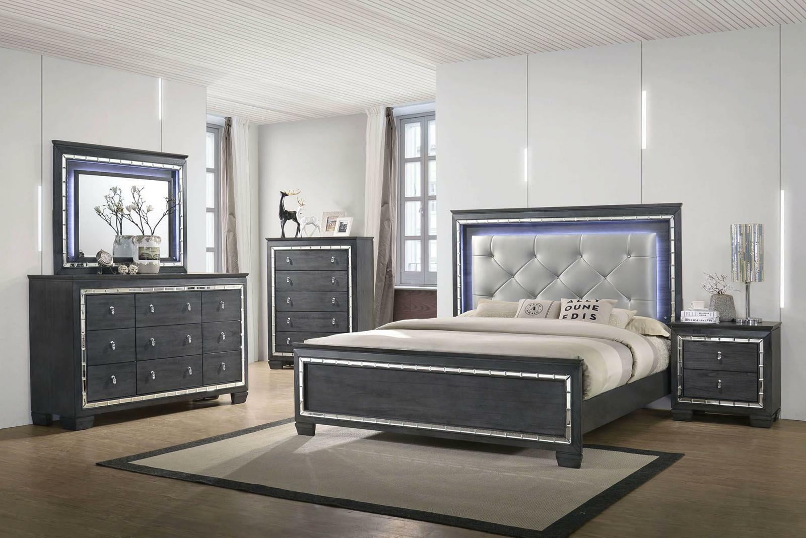 Contemporary Style Queen Size 4pc Set Grey Finish LED Backlit Bedroom