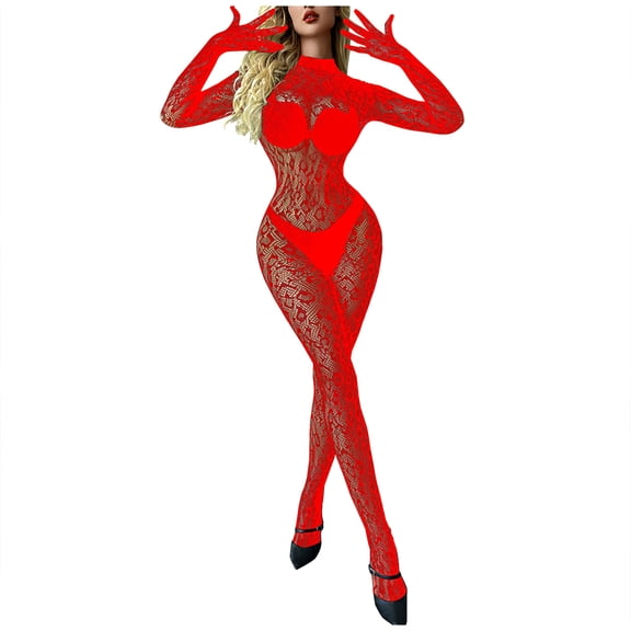 Levmjia Womens Long Sleeve Fishnet Bodystocking One Piece Lingerie Set Full Body Hollow Out Mesh Jumpsuit Stretchy Soft Date Nights Solid Color Elastic Nightwear