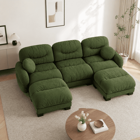 Cozy Pleated Chenille Fabric 3-Seater Modular U-Shape Sectional Sofa with 2 Ottomans High-Density Ergonomic Foam Seat Curved Round Armrests 2 Round Throw Pillows Green