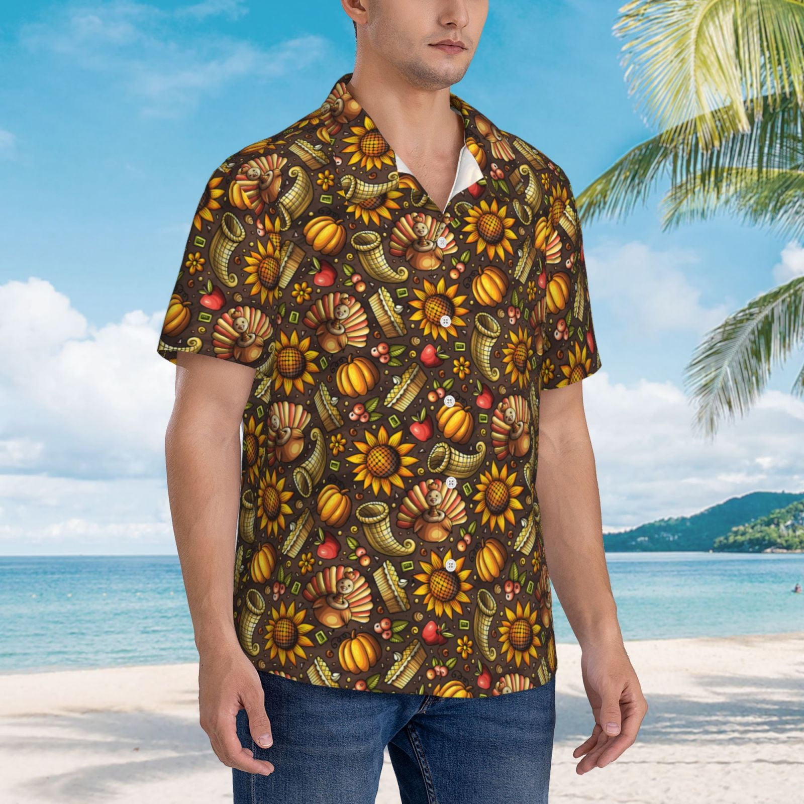 Logiee Chrysanthemum turkey Print Mens Hawaiian Shirts,Loose-Fit Short Sleeve Button Down Tropical Aloha Beach Shirt,Summer Vacation Wedding Tops,Medium