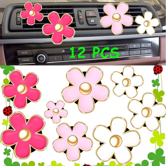 LAMIRO 12 PCS Pink Cute Car Accessories for Women Decor, Girly Daisy Flower Vent Clips for Air Fresheners, Aesthetic Dashboard Gifts, Interior Set for Teen Girls, Fun Charms (Red, Pink, White)