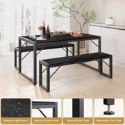 Aiho Kitchen Table with 2 Benches, 3-Piece Dining Set for 4, Wood Top Space-Saving Black