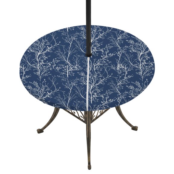 Round Outdoor Tablecloth with Umbrella Hole and Zipper, Dark Blue Botanical Tablecloth with Elastic Waterproof, Vintage Floral Plants Branch Patio Table Covers for 45" - 54" Picnic Pool Tables