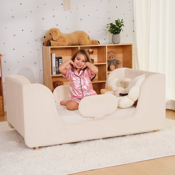 Slsy Toddler Bed, Toddler Floor Bed Frame with Removable Guard Rails, Small Bed for Kids Boys and Girls Aged 1-6 Years, Standard Crib Size Toddler Bed, Certified Fabric Toddler Beds